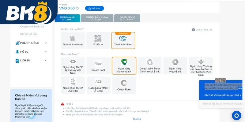 Kiểm tra mức tối thiểu và tối đa cho từng phương thức nạp tiền BK8